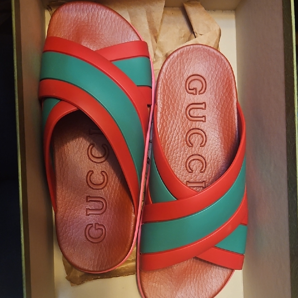 Gucci Vibrant Red and Green Slide Sandals